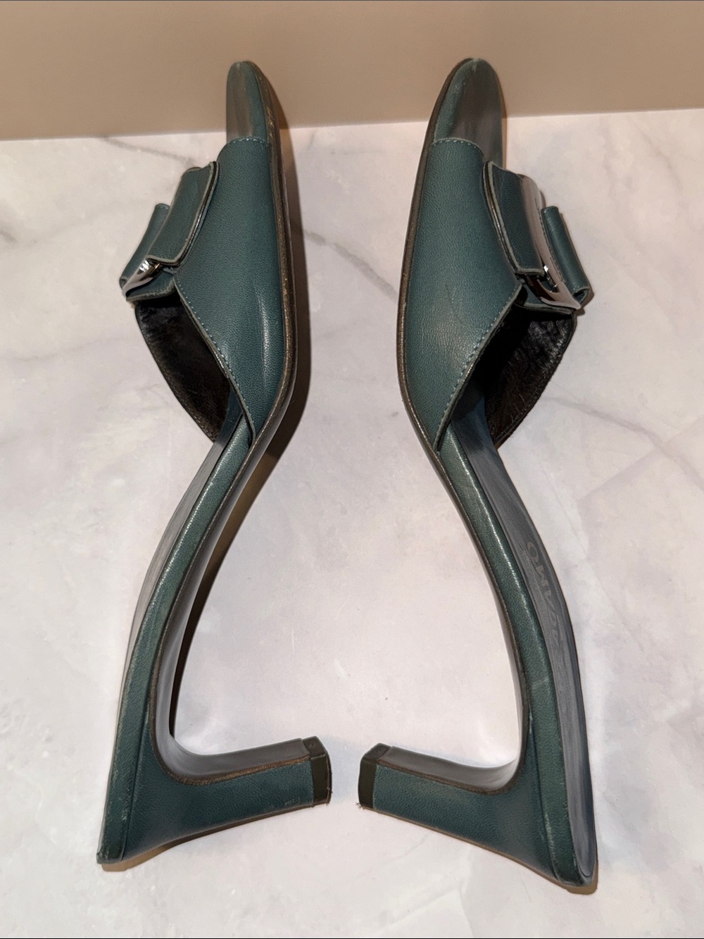 Salvatore Ferragamo Teal Leather Buckle Slide Mules - Picture 12 of 12